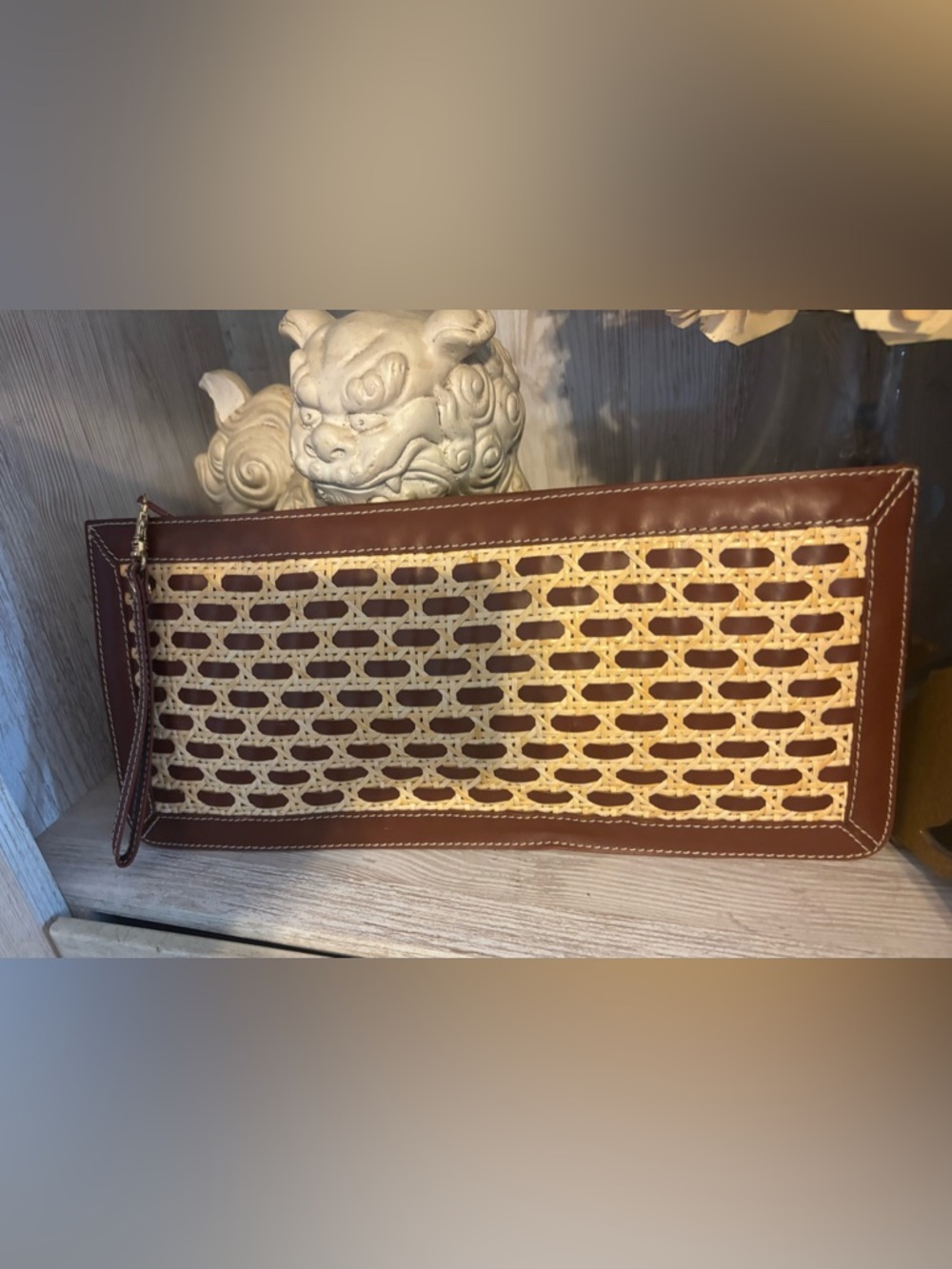Woven Raffia and Brown Leather Wristlet Clutch